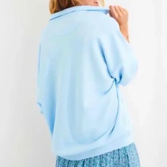 AERIE Oversized French Terry Polo Sweatshirt Light Blue With Pockets- Size Small - Picture 2 of 14